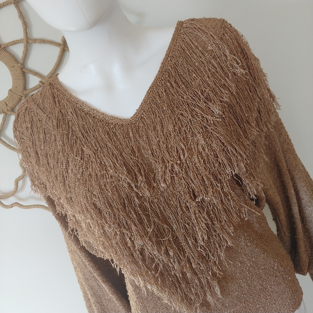 80s VINTAGE SHAGGY FRINGE BOHEMIAN RETRO HIPPY WESTERN SWEATER S M